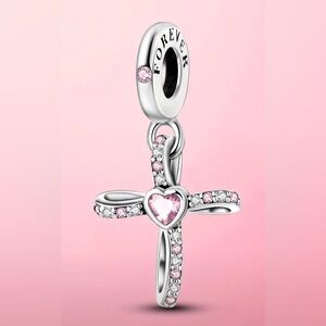 Silver & Pink Dangle Cross Charm For Pandora Braclets